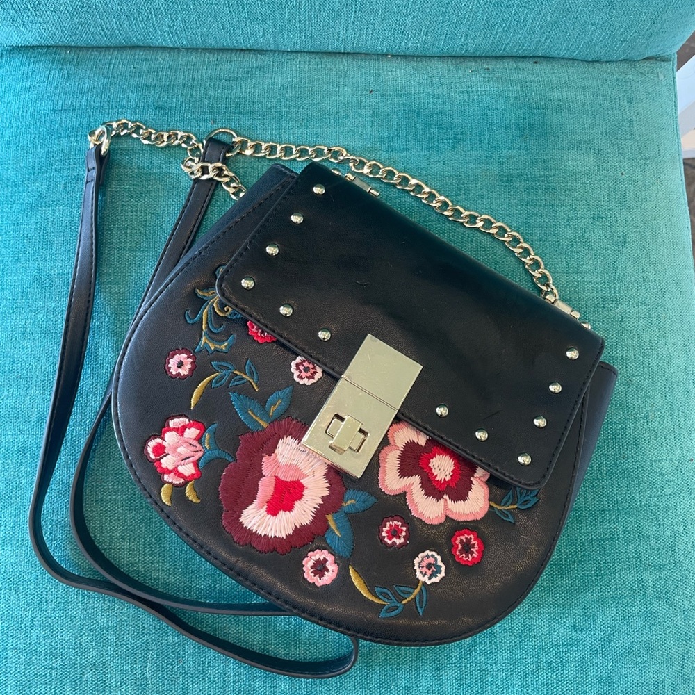 Express Black and Pink Crossbody Bag with Floral Embroidery